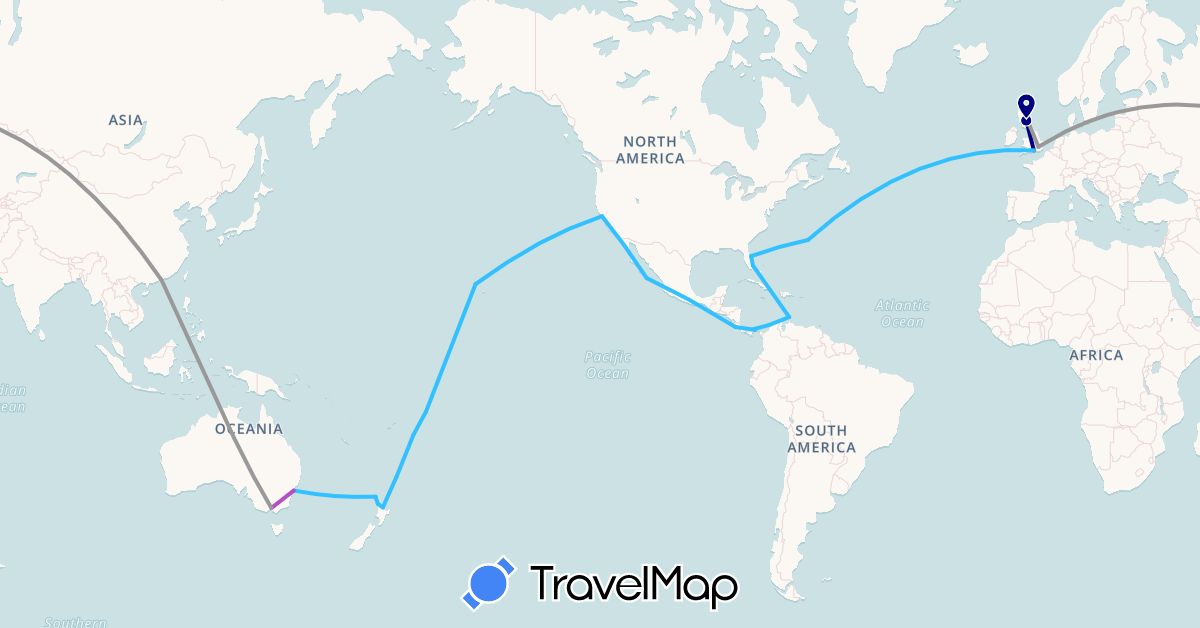 TravelMap itinerary: driving, plane, train, boat in Australia, Bermuda, China, Colombia, Costa Rica, United Kingdom, Mexico, Netherlands, New Zealand, Panama, Tonga, United States, Samoa (Asia, Europe, North America, Oceania, South America)